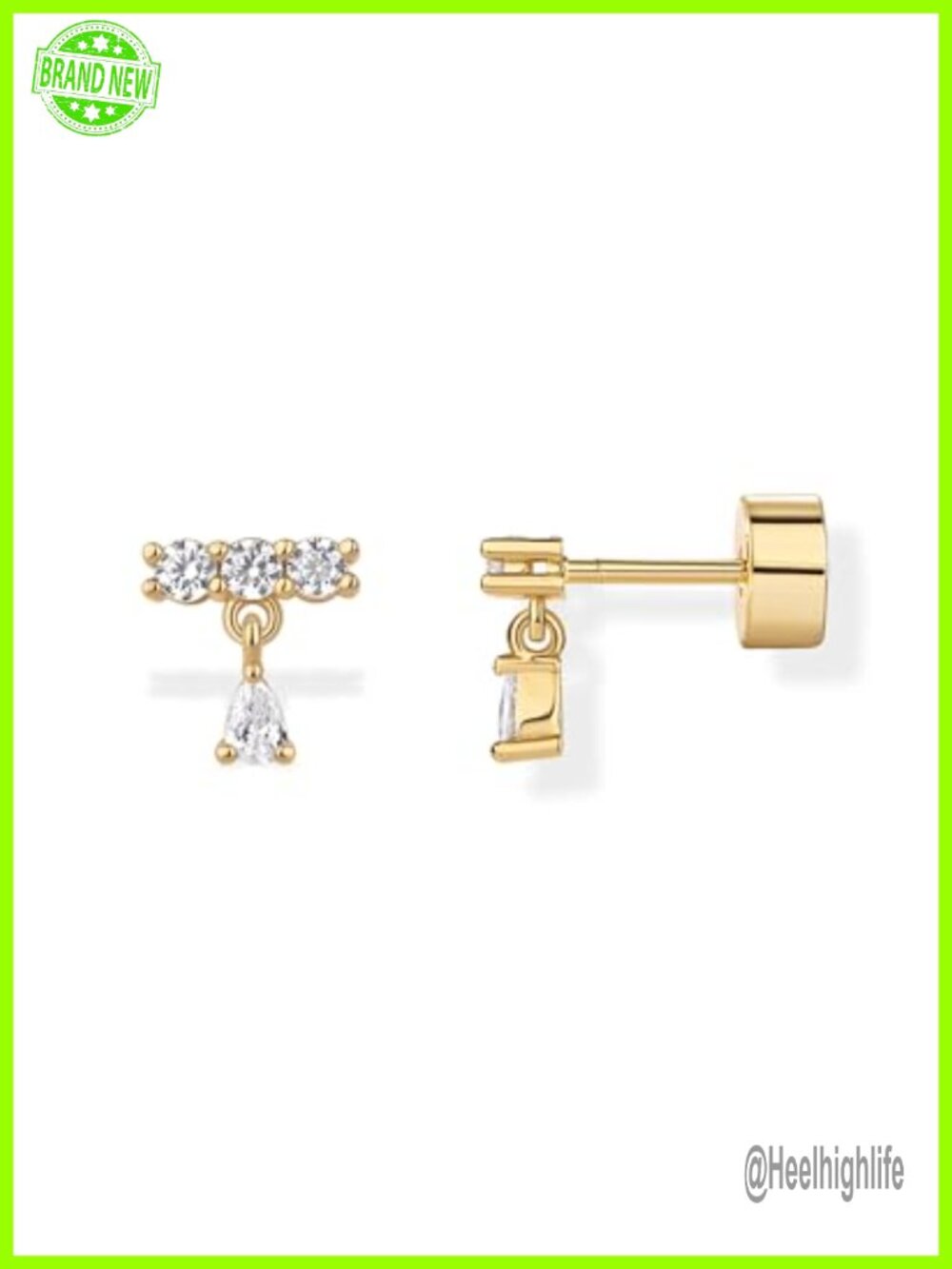 14K Gold Plated CZ Dangle Flat Back Earrings Screw Back